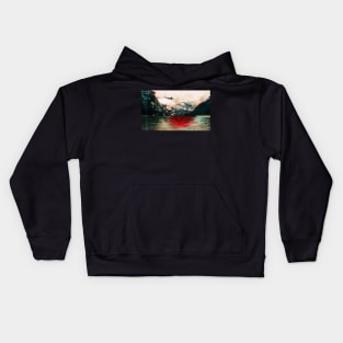 Glitch Art Kamikaze pilot over picturesque mountain lake Kids Hoodie